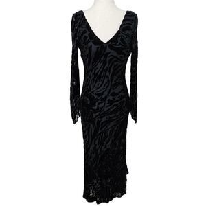 Black Velvet Midi Dress Burnout Silk Blend Witch Bell Sleeves V-Neck Asymetric 6